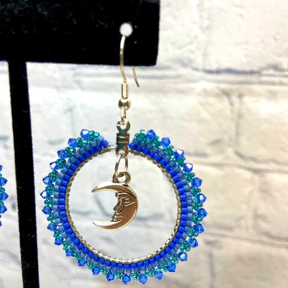 Boho Beaded HANDMADE Blue Moon Hoop Earrings - Picture 2 of 5